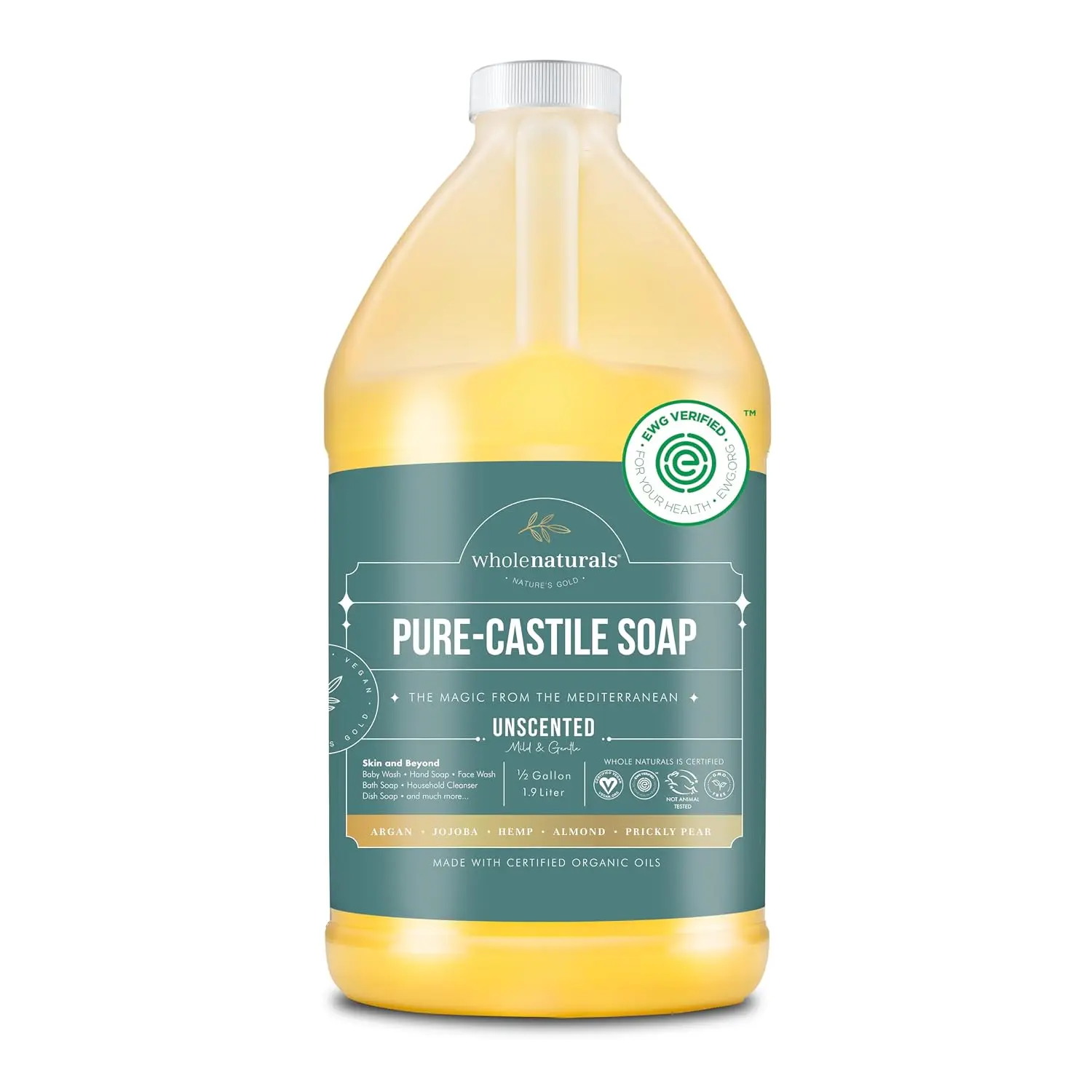 WHOLENATURALS Pure Castile Soap Liquid, EWG Verified & Certified Palm Oil Free Unscented, Natural, Mild & Gentle Non-gmo & Vegan - Organic Body Wash, Laundry, Pet/Dog and Baby Soap - 64 Fl Oz bath( 5 gallons )