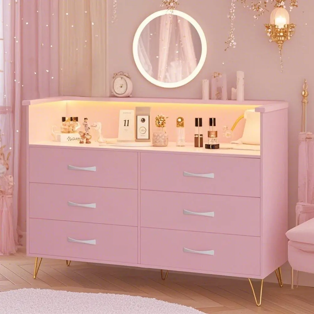 6 Drawers Dresser for Bedroom with Power Outlet & LED Light Wooden Dresser with Open Storage, Wide TV Stand Organizer for Bedroom, Living Room, Entryway, Hallway