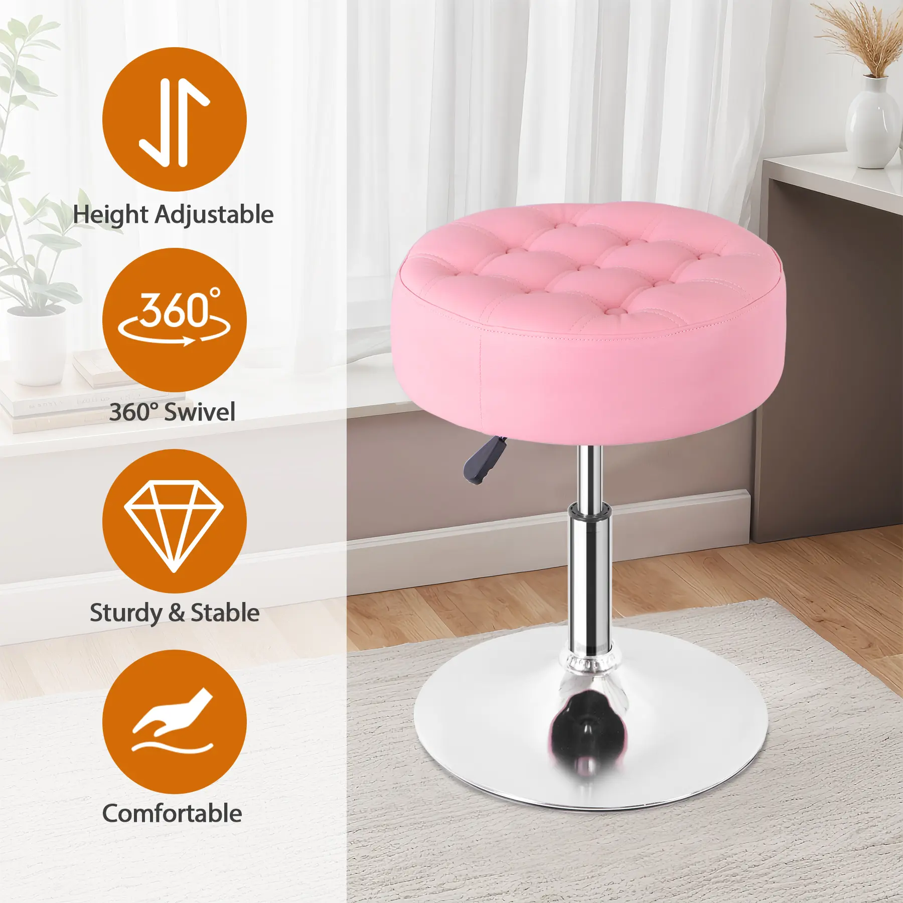 Zenstyle Blush Pink 360° Swivel Tufted PU Leather Vanity Stool - Modern Furniture, Upholstered Cushion Stool with Durable Iron Base, Indoor Vanity Chair, Upholstered Cushion Stools
