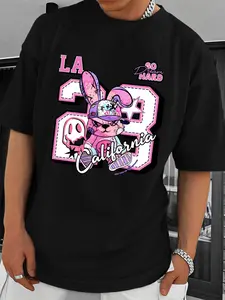 American Street Style T-Shirt Featuring a Graffiti Rabbit Print from LA, Comfortable And Breathable, Loose-Fitting Top for Trendy Men with a Hip-Hop Vibe