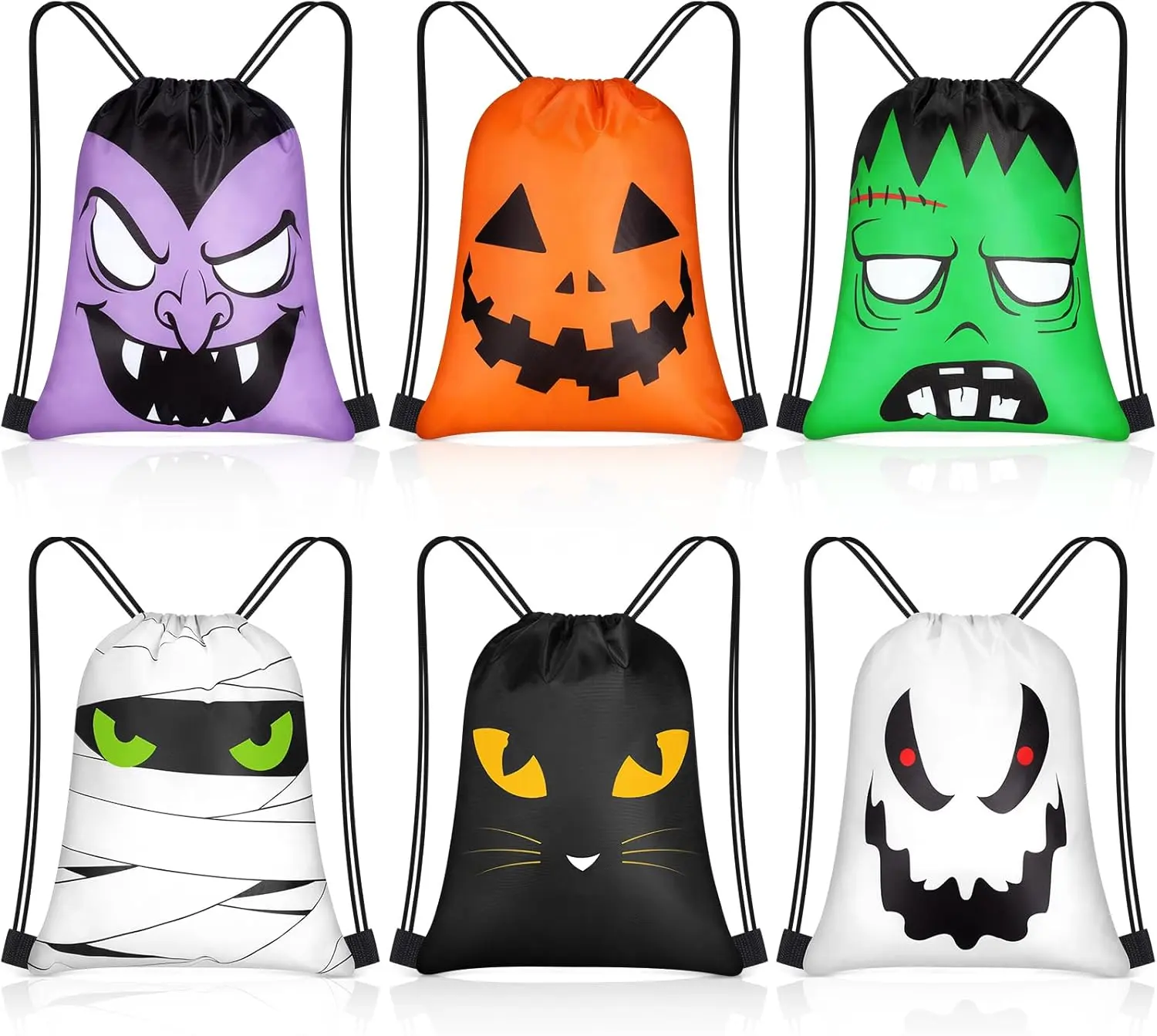 24 Pcs Unisex Polyester Halloween Drawstring Backpacks - Large Waterproof, Spot Clean Trick-or-Treat Bags with Pumpkin, Ghost, Vampire, Black Cat Patterns - Bulk Casual Goodie Bags for Kids, Backpacks for School, Party Supplies