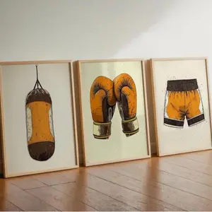 Boxing Wall Art Set of 3, Vintage Boxing Gloves, Punching Bag, Retro Boxing Shorts, Gym Decor Poster