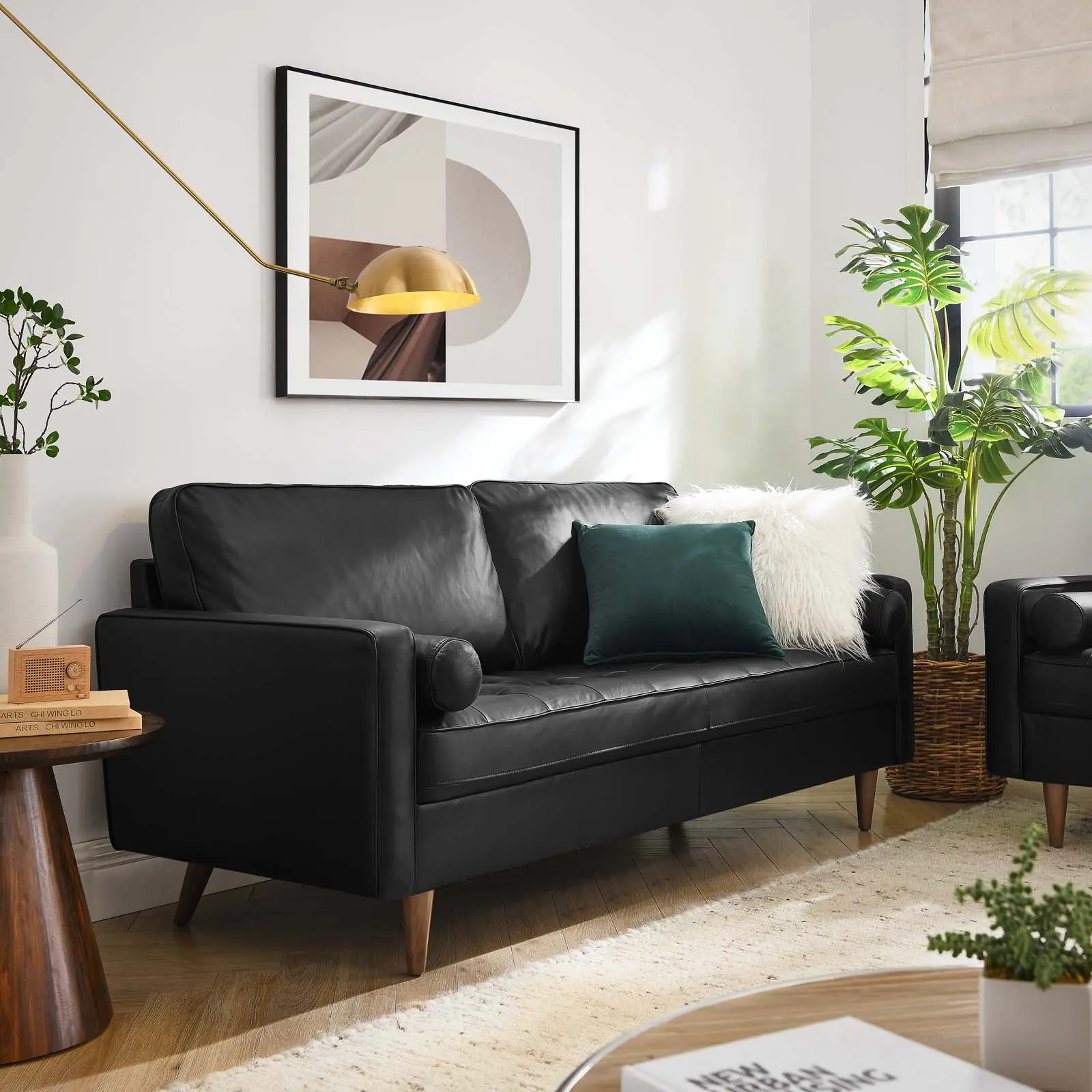 Modway Valour Leather Living Room Sofa - Black Indoor Furniture