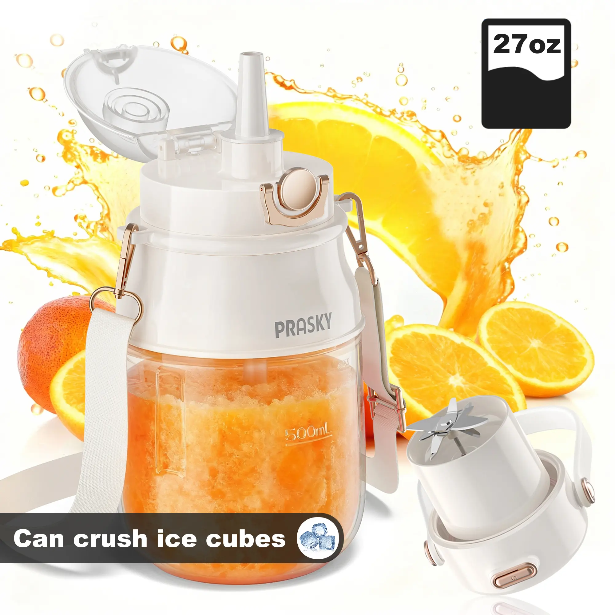 Prasky Portable Blender, Type-C Rechargeable blender, Mini Blender, Personal Blender for Fresh Juice, Smoothies & Protein Shakes with Extra Lid and Shoulder Strap, Dishwasher Safe Parts, Ideal for Gym/Travel/Kitchen/School/Driving tiktokshopbacktoschool