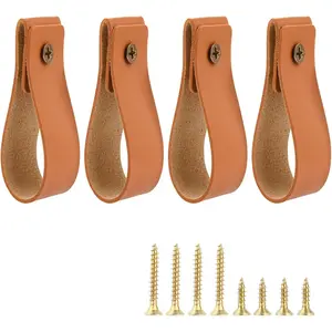 4 count Leather Wall Hooks Wall Mounted Rod Hanger  Strap Leather Curtain Rod Holder Drawer Pulls Hook Strap with Screws for Towel Curtain Kitchen Utensils Rod (Brown)
