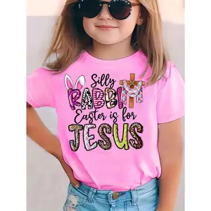 Girls Easter Day "Rabbit EASTR IS for JUESU"Print 100% Cotton Short Sleeve T-shirt, Comfy Casual Tees for Girls Summer meme family faithful game day cotton coffee lover dungeon crawler fly graphic
