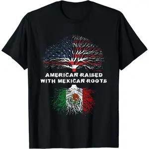 Men's Relaxed Fit Round Neck Graphic T-Shirt - 100% Cotton Top with American Raised Mexican Roots Motif, Flag-Inspired Tree Design