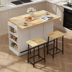 ONBRILL Kitchen Island With Storage Cabinet And Trash Cabinet, 3 Pieces Kitchen Dining Table Set With 2 Stools And Drop Leaf Drawers