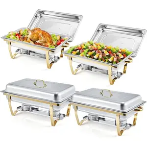 Chafing Dishes for Buffet 4 Pack, 8 Qt Stainless Steel Chafers and Buffet Warmers Sets with Lid, Rectangle Serving Food Warmer Catering Supplies Buffet Display for Parties, Gold Bakeware Handles Tray Pans Dinnerware