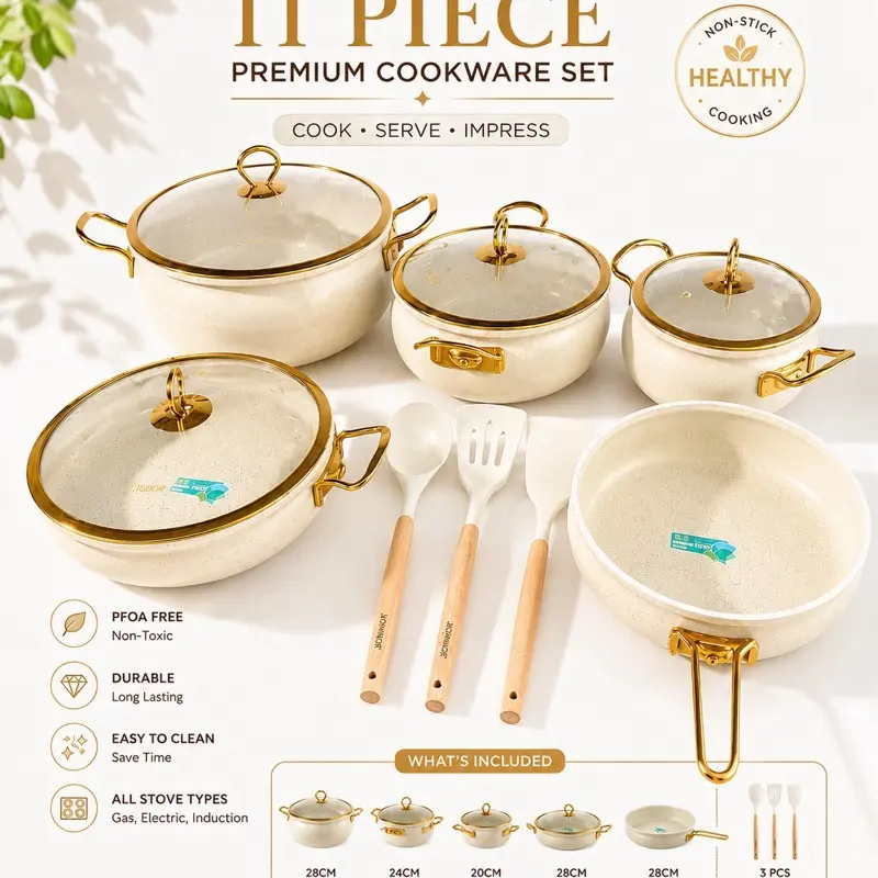 11-Piece Granite Nonstick Cookware Set with Glass Lids & Silicone Utensils | Induction Compatible | Beige