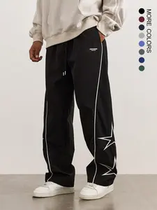 Father's Day Gift，Men's Star Pattern Pocket Drawstring Waist Straight Leg Pants,  Casual Street Letter Patched Contrast Binding Trousers for Daily Wear, Mens Bottoms for All Seasons, National Day Offers