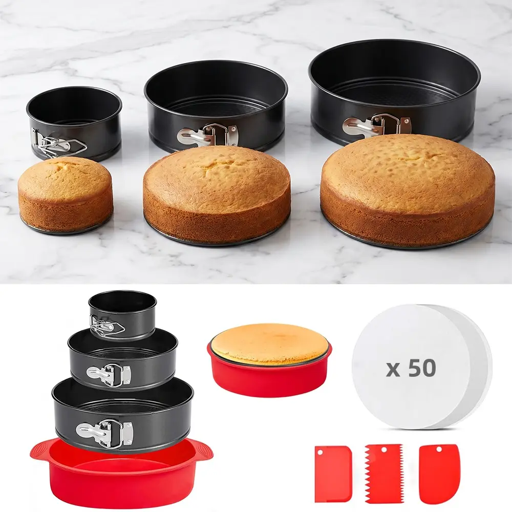 Dessert Baking Tool Kit - 57-Piece Set with 3 Detachable Carbon Steel Trays, 1 Silicone Tray, 50 Papers, 3 Scrapers for Chiffon, Cheesecakes