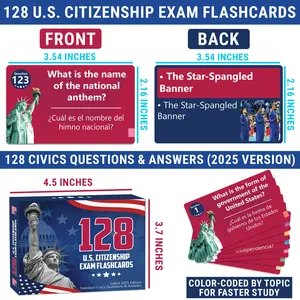 2026 US Citizenship Flash Cards Set - 128 Civics Questions & Answers, English & Spanish Naturalization Test Study Guide
