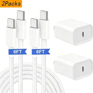 2 Pack 20W  Super Fast USB-C Charger + 6FT/10FT Type-C to C Cable Kit | High Speed Charging Block for iPhone 15/16, iPad Pro/Air/Mini, Universal USB C Cell Phones, Portable Travel Charging Adapter