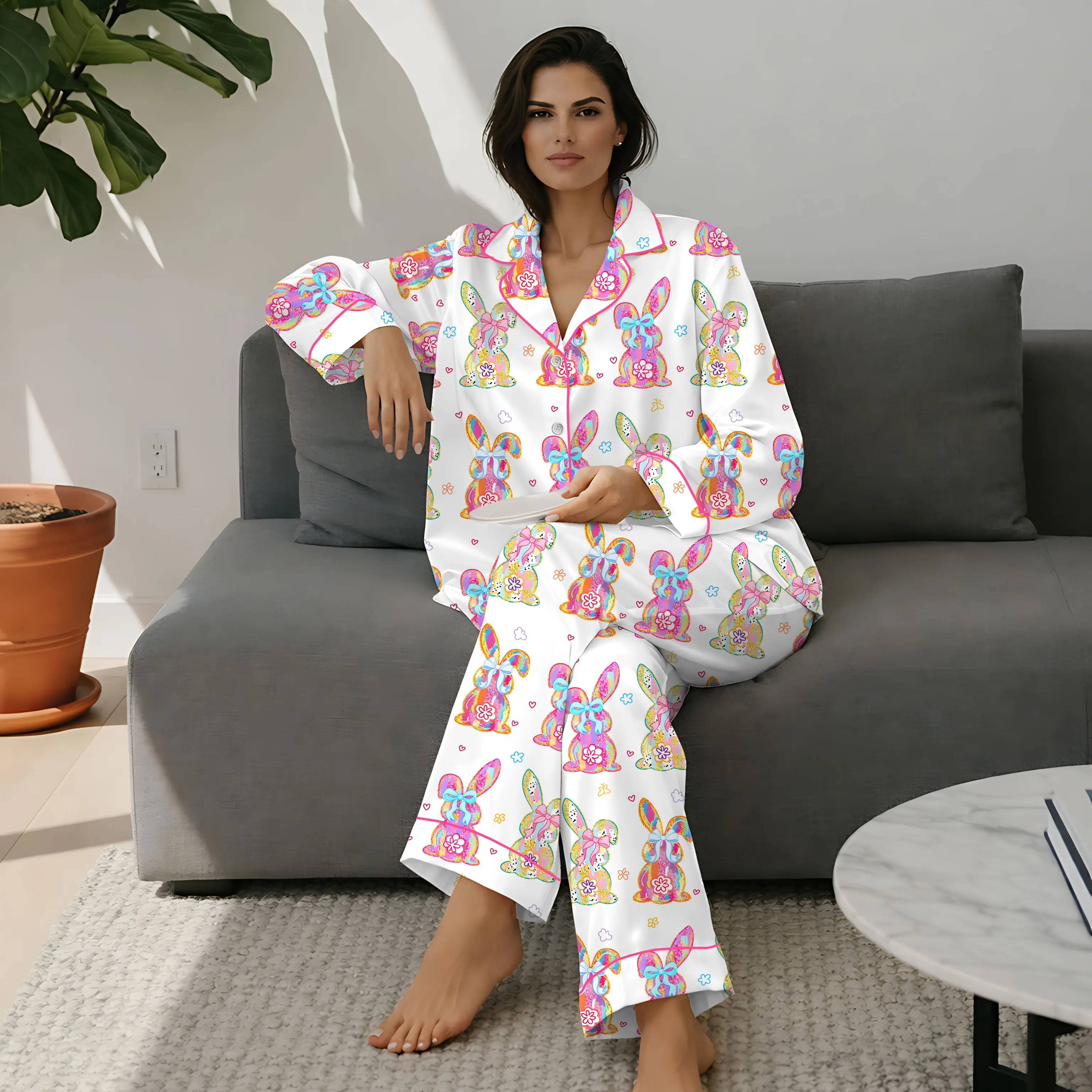 Women’s Happy Easter Coquette Girly Bunny Long & Short Sleeve Latin Pajama Set, Perfect Gift For Easter Day