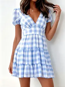 A women's fashionable Elegant new blue and white plaid V-neck puff sleeve short cake-style waist-cinching dress, suitable for summer, perfect for daily commuting, daes, outings, picnics, and photoshoots.