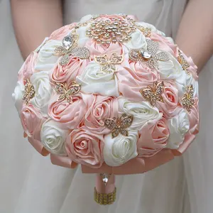 Bride Wedding Bouquet with Rhinestone Pin, Silk Handheld Throw Artificial Flower Arrangement, Romantic Bridal Party Gift