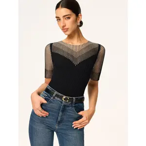 Sheer Striped Panel Ribbed Knit Top