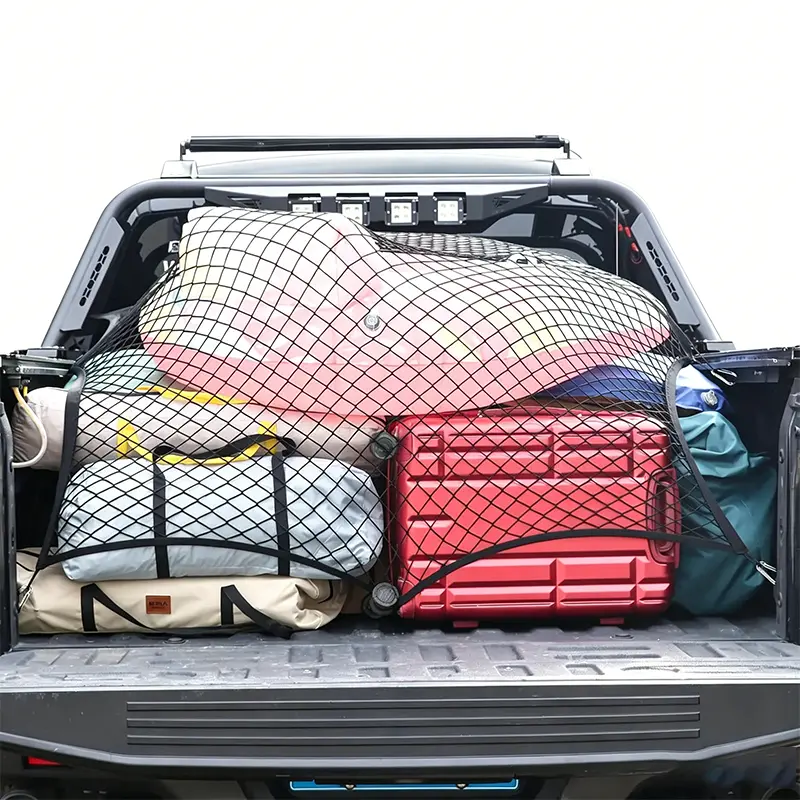 6 Metal Carabiners Heavy Duty Cargo Net | 4'x4' Stretchable, 520g Polyester, 1.2m1.2m Black Fine Mesh for Pickup Truck Bed.