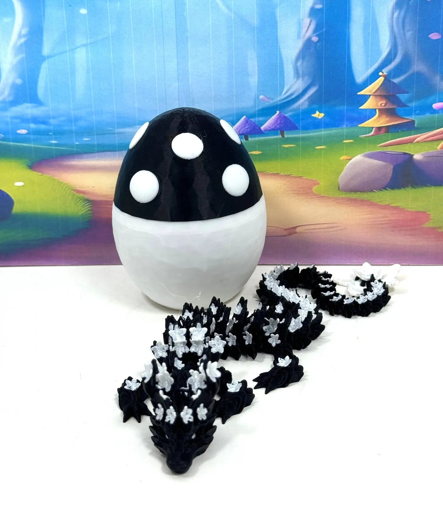 3D Printed Dragon with Egg, Articulated Black and White Cherry Blossom Dragon, 12 Inches Fidget ADHD Autism Toy D019-ME