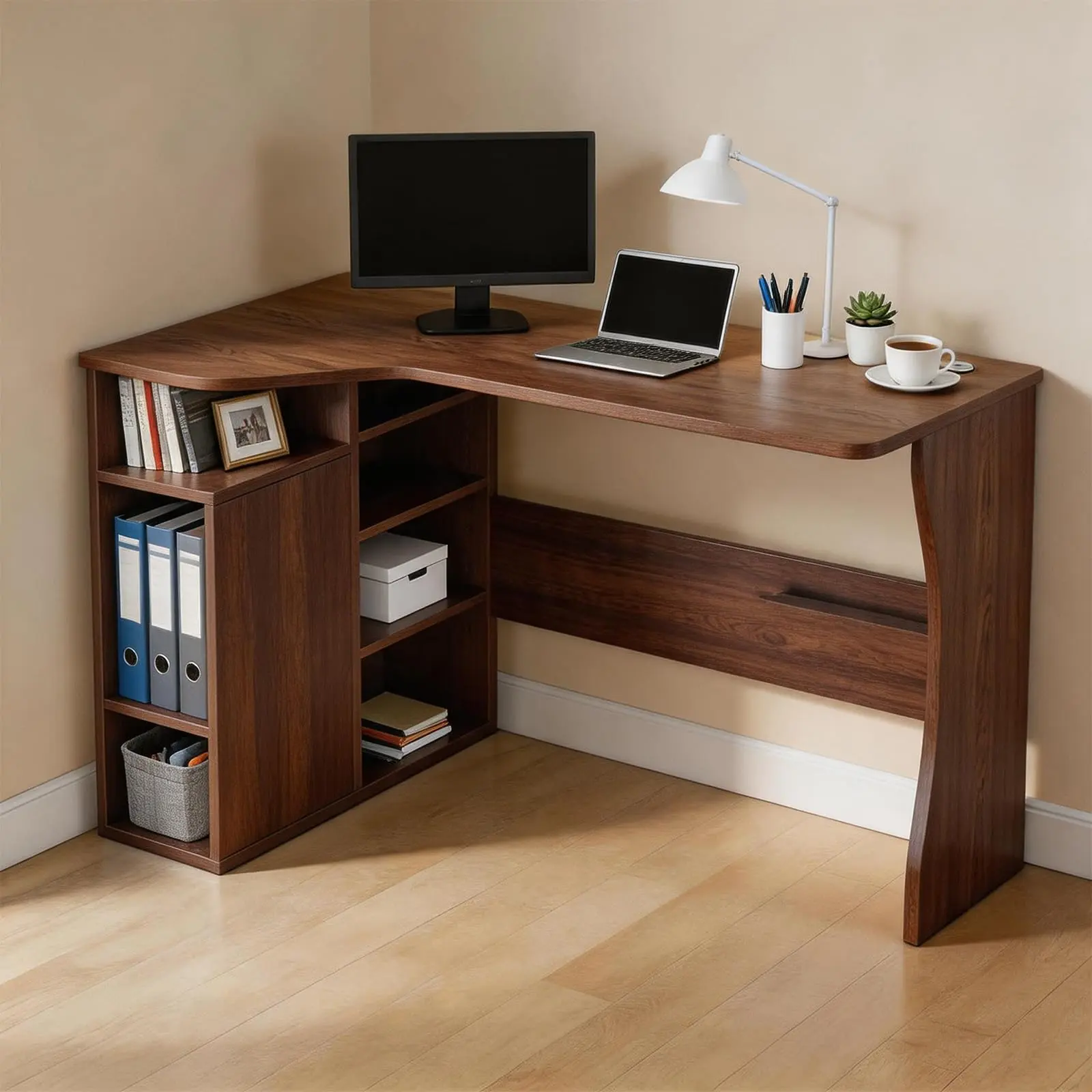 L Shaped Desk with Storage Shelves, Small Corner Desk for Small Spaces, Corner Table with 3 Tier Shelves, Home Office, Writing Study Gaming Desk, Walnut Wood
