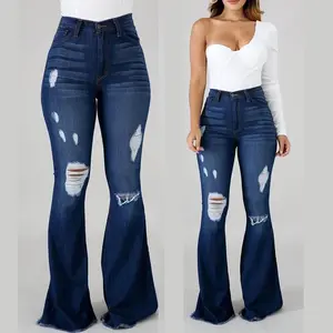 2025 Autumn New High Elastic Ripped Jeans High Waist Flared Women's Denim Trousers