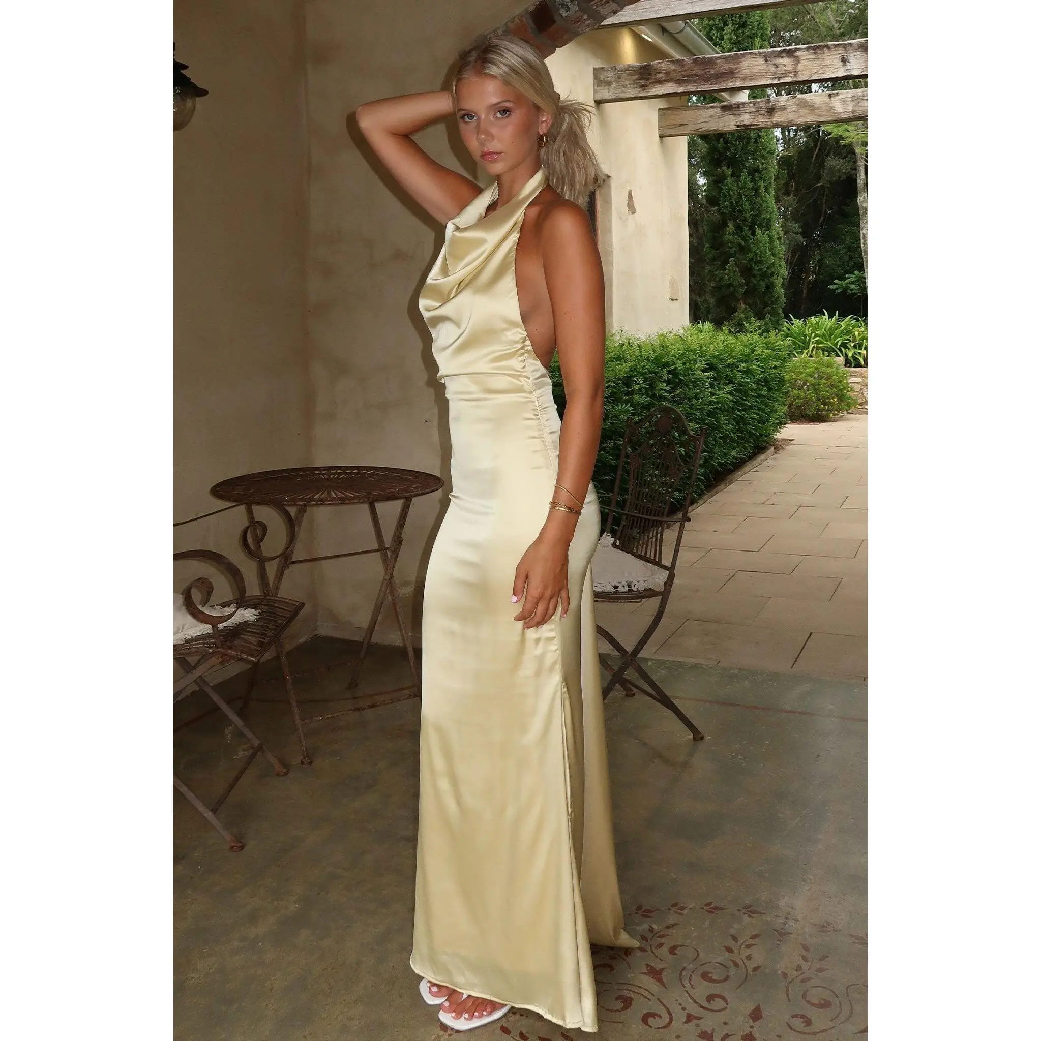 Corwin Open Back Satin Maxi Dress - Yellow