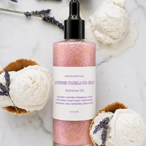 Lavender Vanilla Ice Cream Body Oil Lavender, Madagascar Vanilla, Sweet Cream, Vanilla Extract, Lilac, Vanilla Bean, Black Amber by Karafa Essentials Coconut