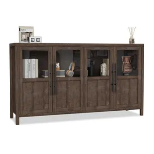 Garvee Large Buffet Cabinet with Storage, Sideboard Buffet Cabinet with Glass Doors, Modern Farmhouse Storage Cabinet Table for Kitchen Dining Room, Living Room (Brown, Glass With 2 Doors)