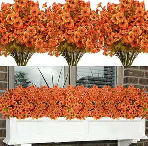 Artificial Flower (12/24pcs/set) - Orange Fake Mums with Greenery, Outdoor Plastic Flowers for Porch Patio Window Box, Farmhouse Spring Summer Home Decor, Decorative Fruit Accents Ornaments Hanging