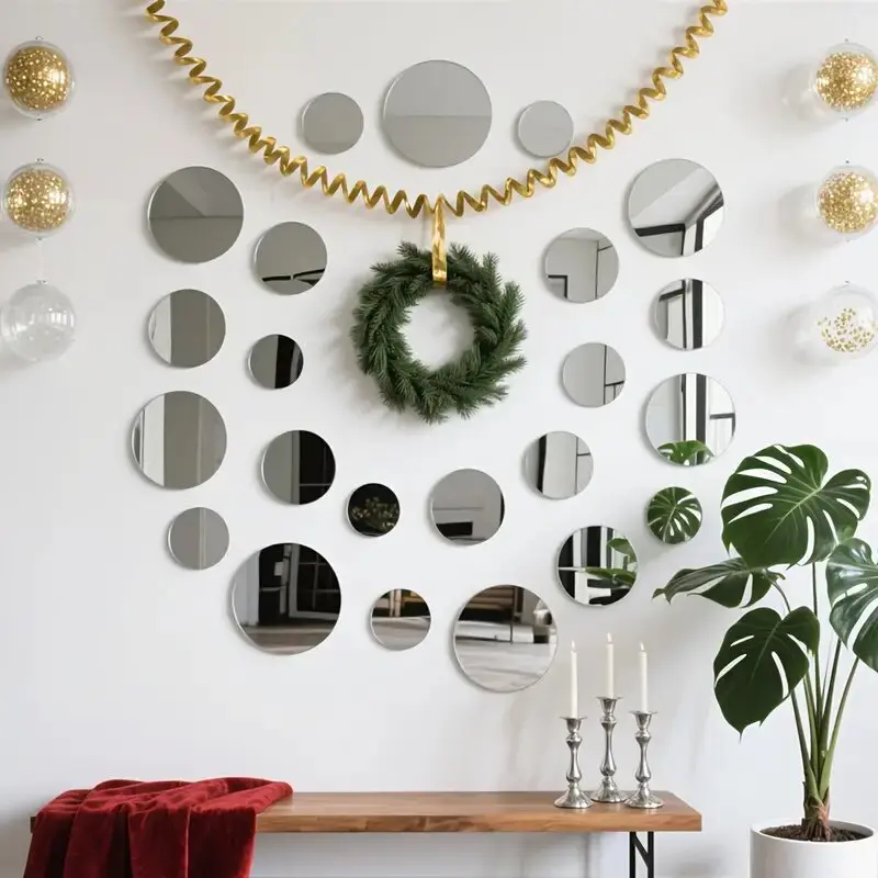32pcs silver circular acrylic mirror wall Decorative Stickers, detachable self-adhesive DIY background wall home decoration, Room decor, easy to install anti shatter stickers, modern wall art mirror decoration, acrylic material, Homedecor, Wall Decal