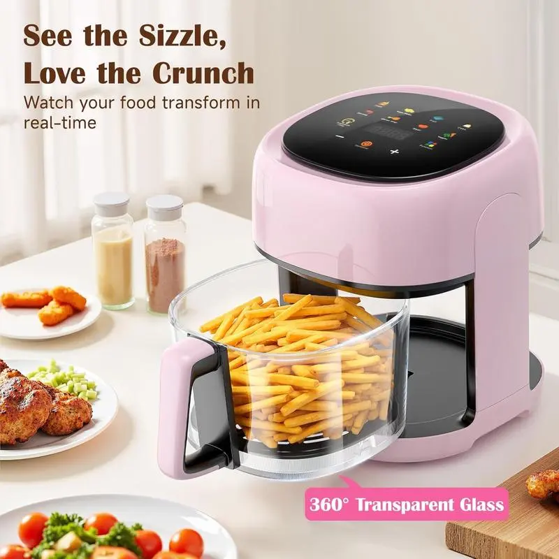 Pink 5QT 8-in-1 Glass Air Fryer with Visible Window, Touch Controls, Compact Nonstick Dishwasher-Safe Basket, Small, Portable Multi-Function Kitchen Appliance for Family Meals, Small Fryers, Portable Multi-Function Fryers tiktokshopbacktoschool
