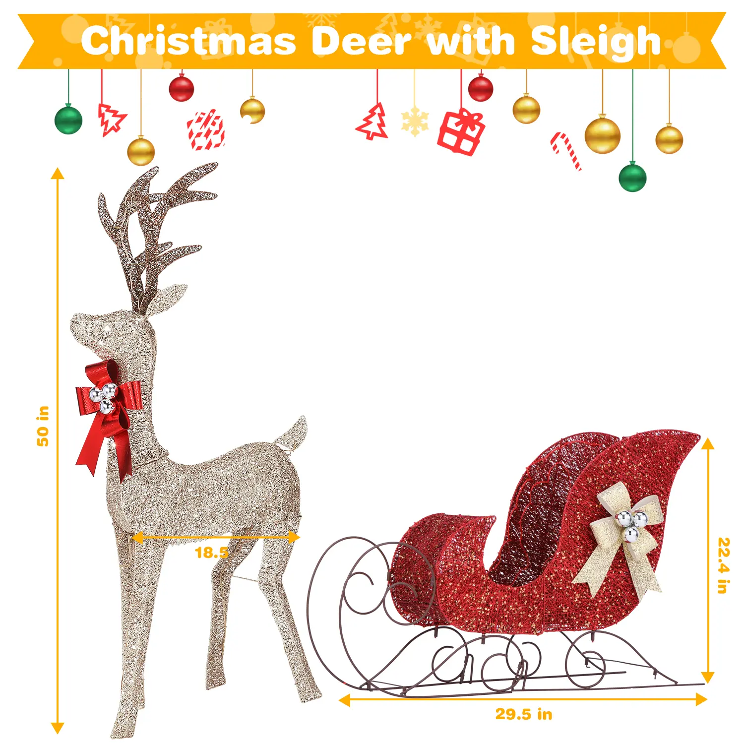 Large Lighted Christmas Deer & Sleigh Set - 2-Piece Pre-lit Festive Decoration with 160 Warm White LED Lights, Metal Frame, Cotton Yarns, PVC, Easy Installation, Ideal for Front Yard, Porch Decoration, Garage, Lighted Decoration