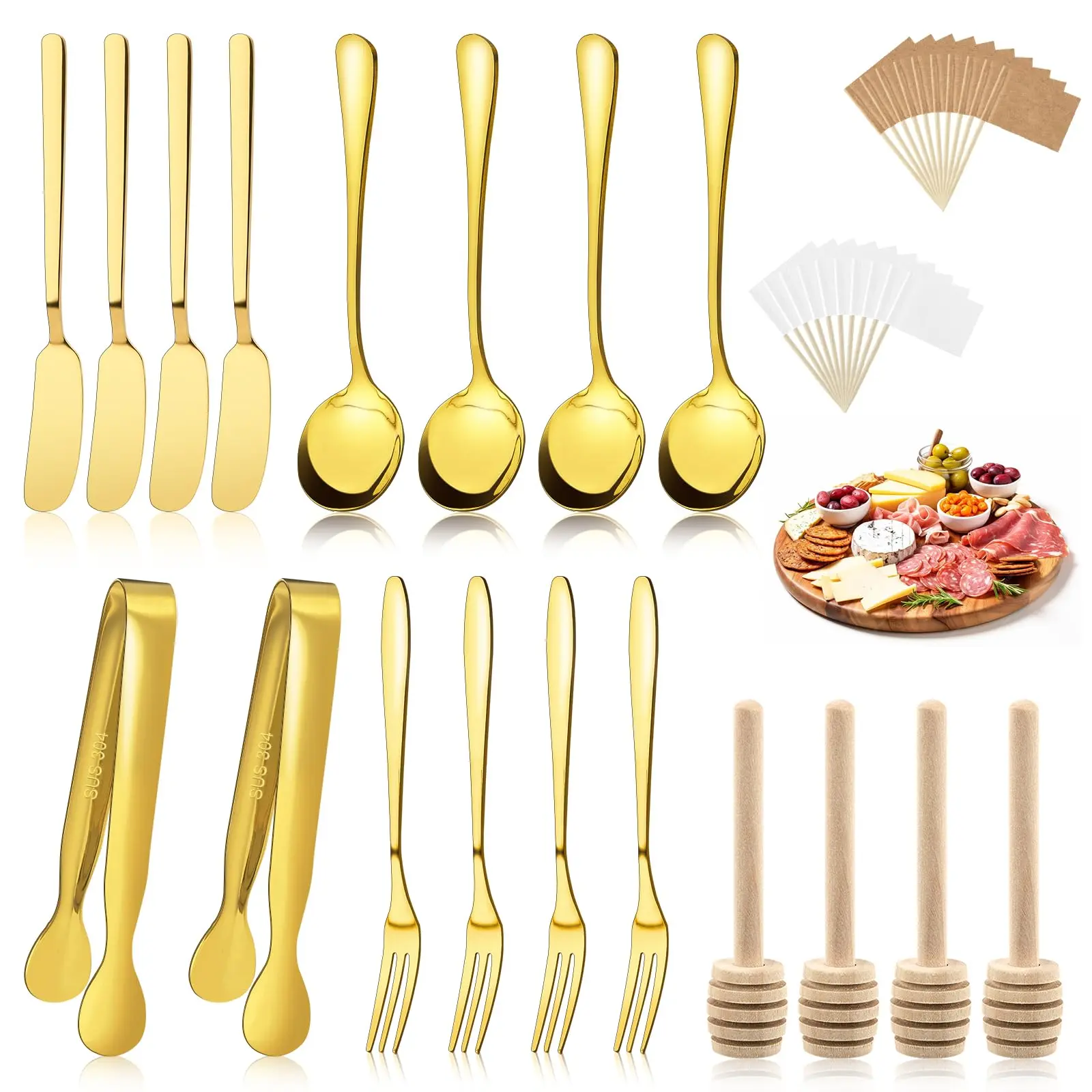 38-Piece Gold Stainless Steel Charcuterie Board Accessories Cutlery Set - Compact Pack Multi-Use Tools for Meat, Everyday, Family Dinner, Birthday - Includes Cheese Butter Spreader, Mini Serving Tongs, Knives, Spoons, Forks, Honey Dippers, Toothpick Flags