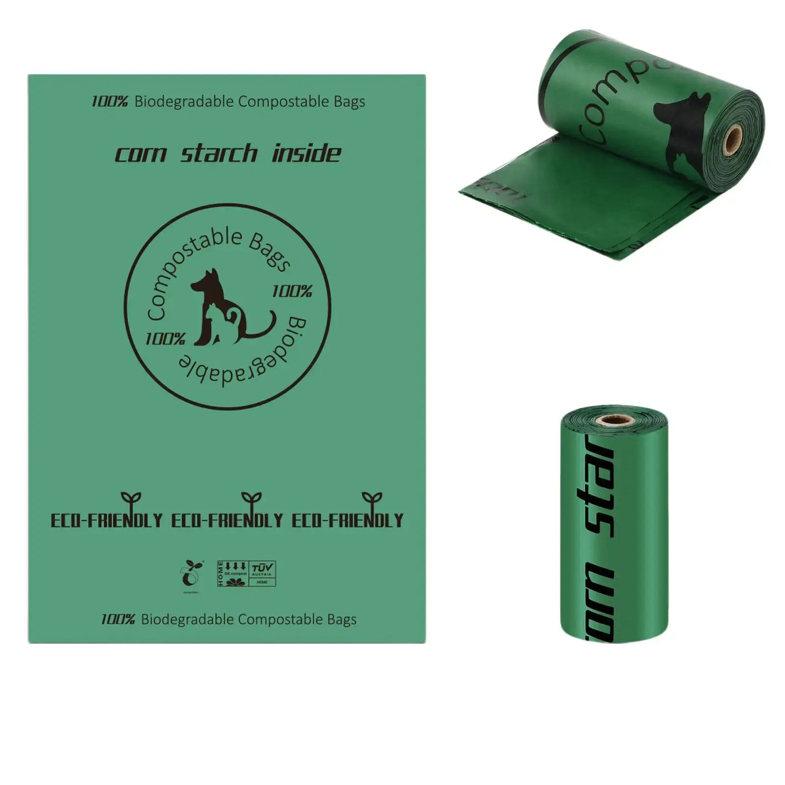 Cornstarch Dog Poop Bags, 100% Compostable, 100% Biodegradable, Environmentally Friendly Large Pet Waste Bags (330x230mm) with 0 Plastic Core, TUV Austria & TUV Home Certified
