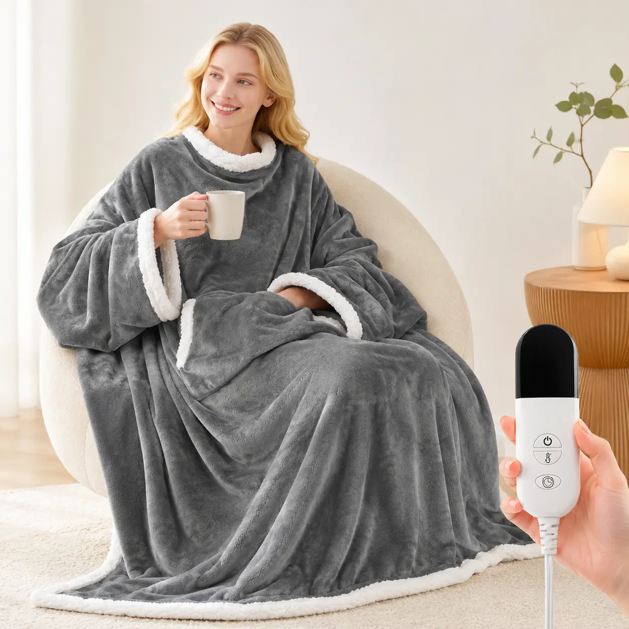 JOLLYVOGUE Wearable Heated Blanket - Heating Electric Blanket with Sleeves & Foot Pocket, Heated Throw for Adult with 7 Heat Settings & Fixed 4h Auto Shut-Off (50 * 70 Inch), Home Office Use, Machine Washable