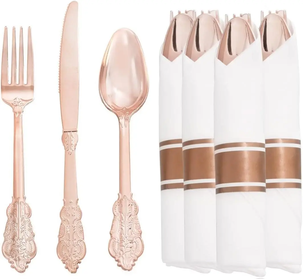 120 Pcs Rose Gold Plastic Cutlery Set With Rolled Napkins - Premium Quality Rose Gold Plastic Utensils-Disposable Rose Gold Silverware- Include 30 Forks,30 Knives,30 Spoons,30 Napkins
