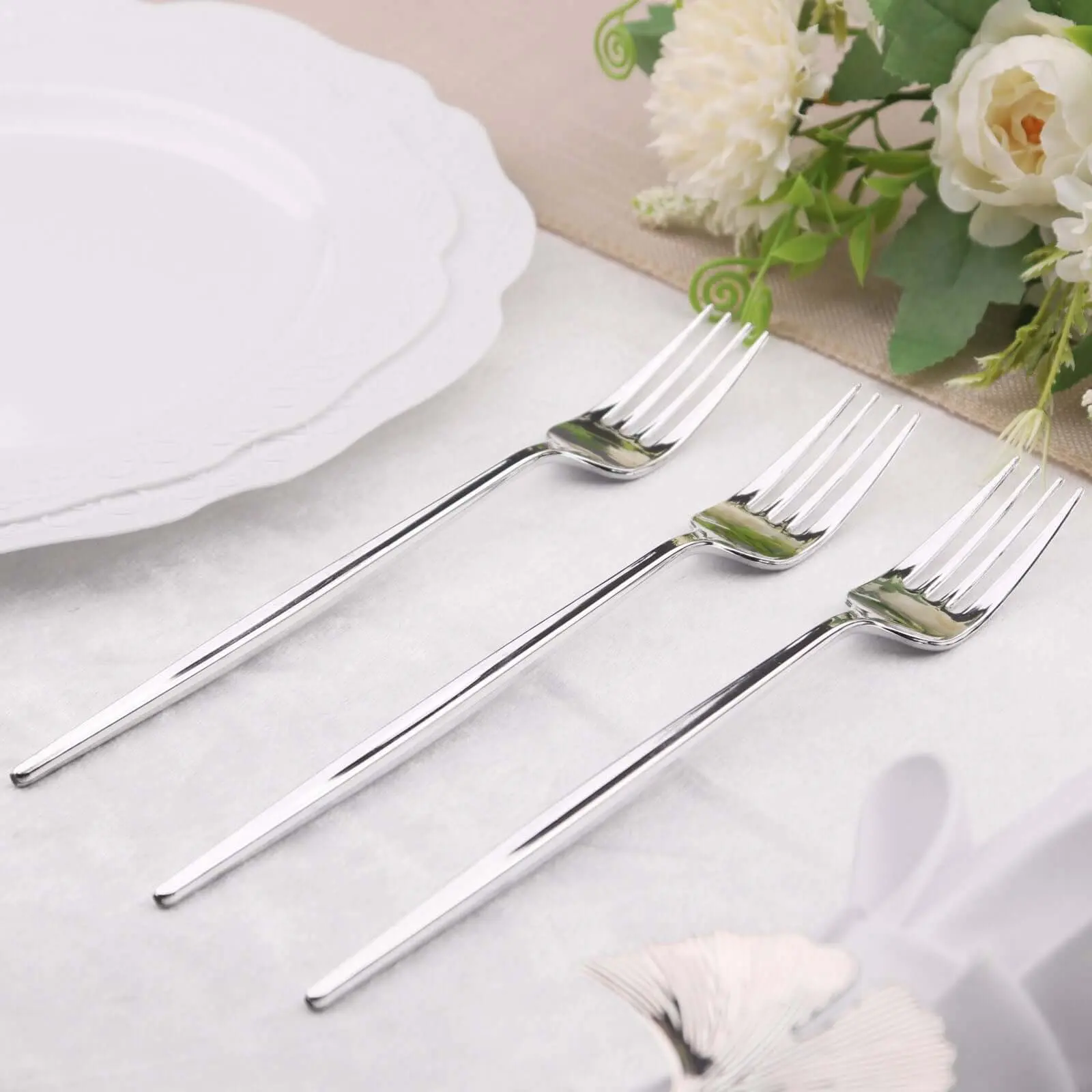 24 Pack 8" Glossy Silver Heavy-Duty Plastic Forks, Premium Disposable Kitchenware Cutlery, Shiny Tableware Flatware