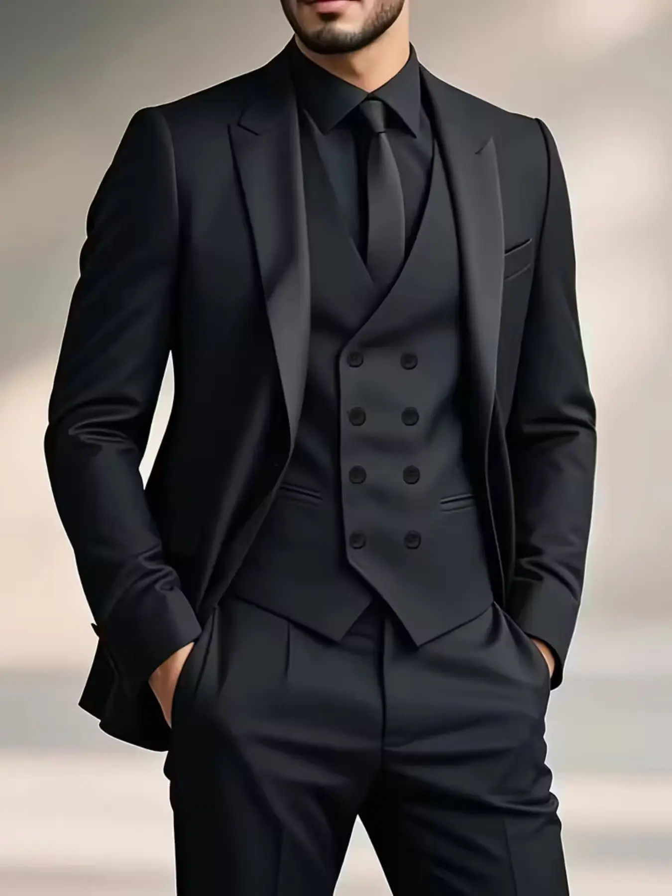 Men's Young Stylish Traditional Three-Piece Formal Suit, Long Sleeve, Formal Wear, Menswear, Notch Lapel Design, Double-Breasted Vest, Adjustable Waist Pants, Blazer Trouser, Suitable for Various Occasions