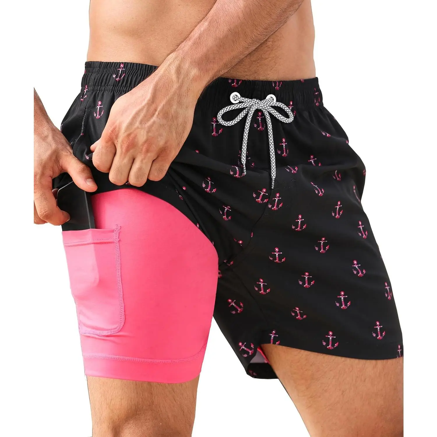 Men's 5-Inch Solid Swim Trunks with Built-In Compression Liner, Beach Bathing Suit Swimbottoms, Swimwear Shorts, Swimsuit Shorts