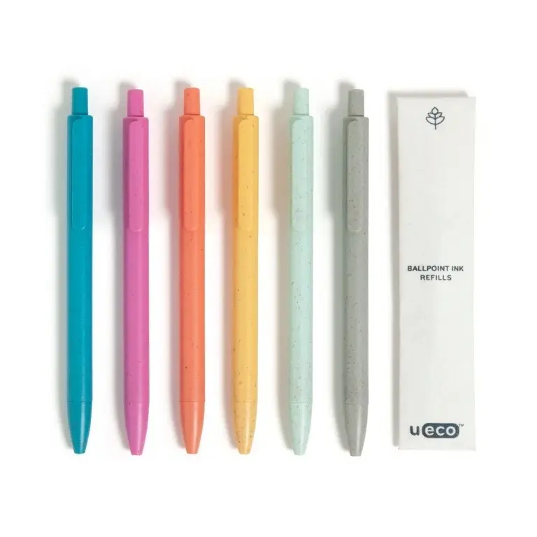 U Brands U-Eco Ballpoint Pens 6 Count + 6 Ink Refills Sunset Speckle Medium 0.7mm Point Black Ink Sustainable Plant Based Materials