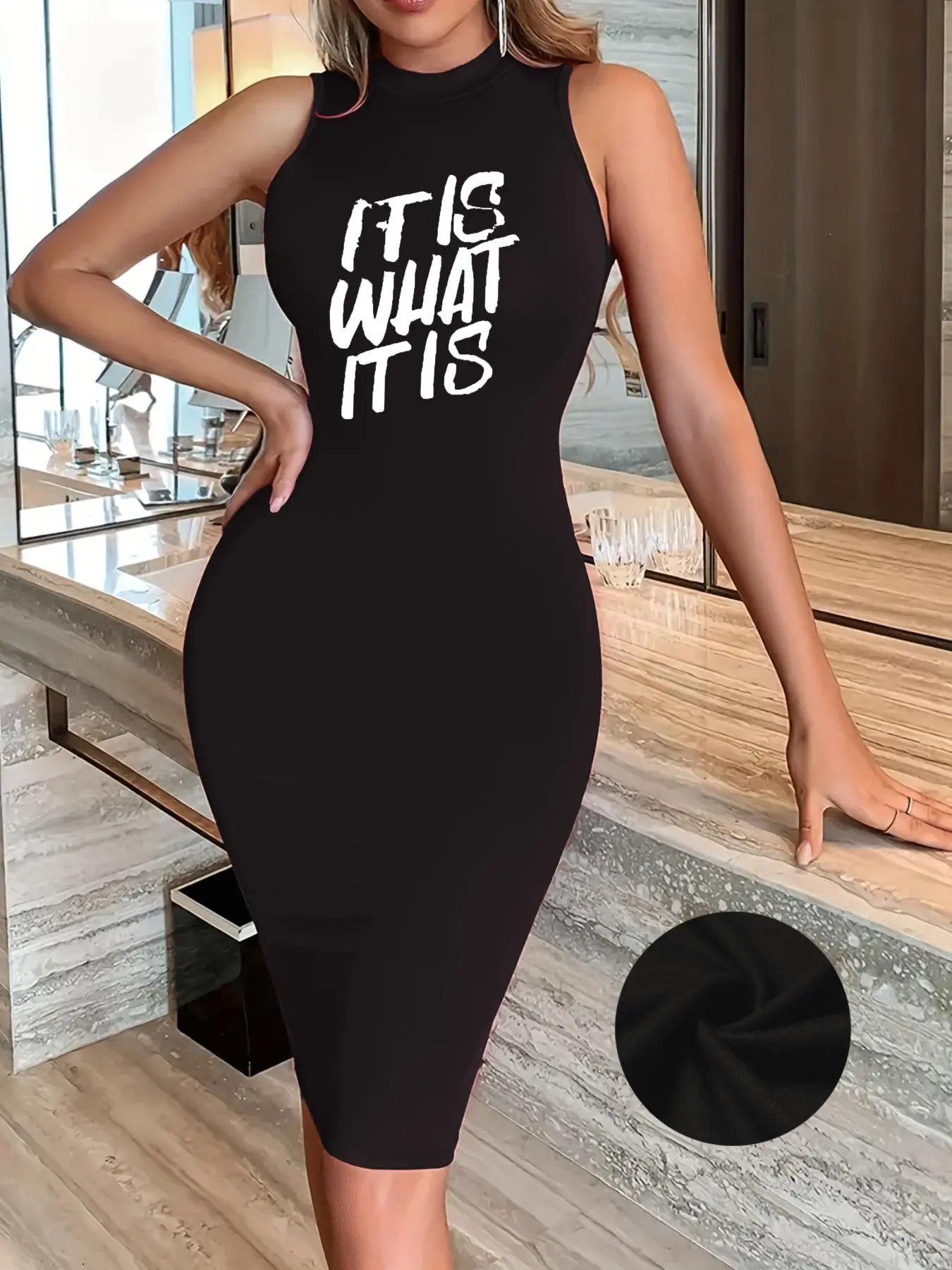 Women's "IT'S WHAT IT IS" Print Bodycon Dress, Fashion Casual Crew Neck Sleeveless Short Dress for Daily Outdoor Wear, Ladies Clothes for All Seasons, Womenswear, Casual Fashionable Dress