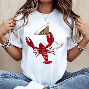 Lobster And Cocktail Glass Print T Shirt Women Casual Short Sleeve Round Neck Top Summer Fashion Trendy Graphic Tee