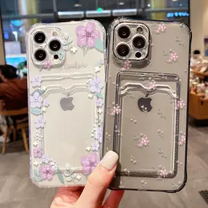 Soft Card Slot Bag Holder Phone Case For iPhone 13 11 16e 15 12 14 17 16 Pro Max 7 Plus XR SE Aesthetic Flower Transparent Cover Accessories