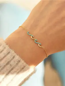 Women's Silver Color Wave Inlaid Turquoise Bracelet, Unique Wave Pattern, Geometric Elements Design Jewelry, Casual Style Accessory for All Seasons