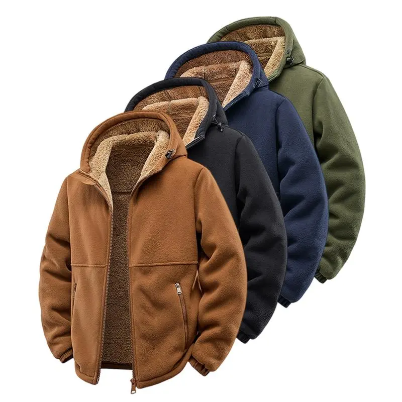 American vintage men’s fleece jacket with thick lining, adjustable hood drawstring, loose fit, zipper closure, and plush fleece interior—warm for autumn and winter.