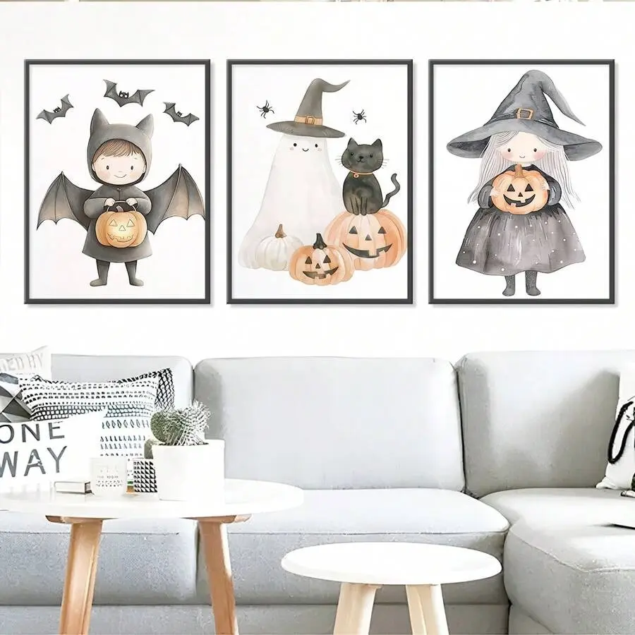 Halloween Wall Art Prints Set of 3, Cute Cartoon Characters with Bats Pumpkins Ghosts, Unframed Canvas Posters for Kids Room Home Decor