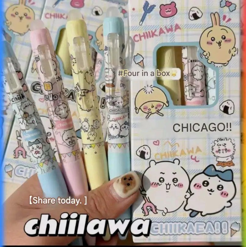 Chiikawas Set of 4 Press-Type Erasable Gel Pens | Thermal Friction Erasable Pen Crystal Blue Black Ink 0.5mm Writing for Student School Use
