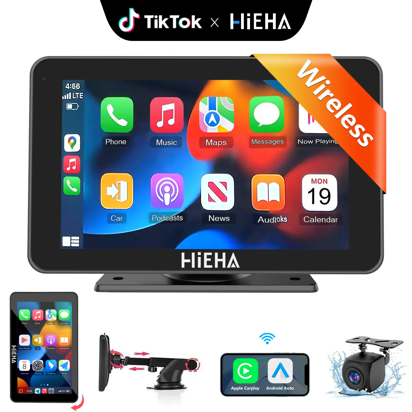 Hieha 2025 Upgraded Wireless Carplay Stereo with Suction Mount, Rear Camera, Seamless Mirrorlink, Supports Landscape & Portrait Modes DealsforYouDays
