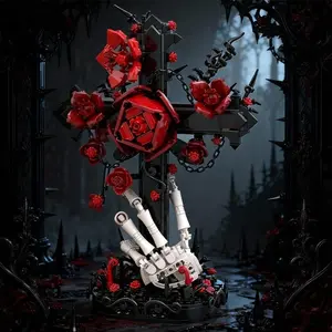 Gothic Cross Building Block Toy, Halloween Valentine's Day Gift, Handmade Rose Assembly Kit, Creative Puzzle Set for Kids